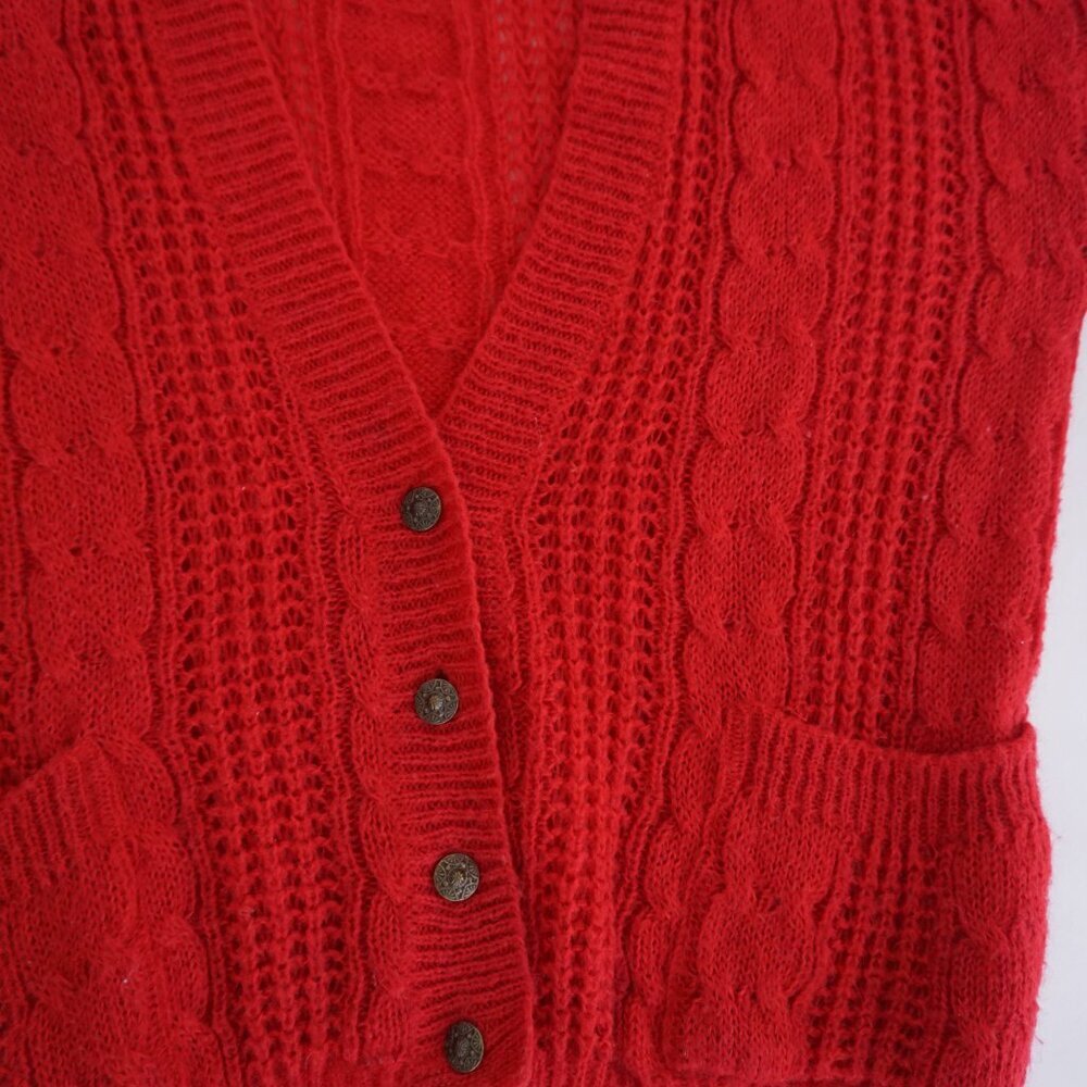 Red Cable Knit Button-Front Cardigan Sweater - Picture 7 of 10